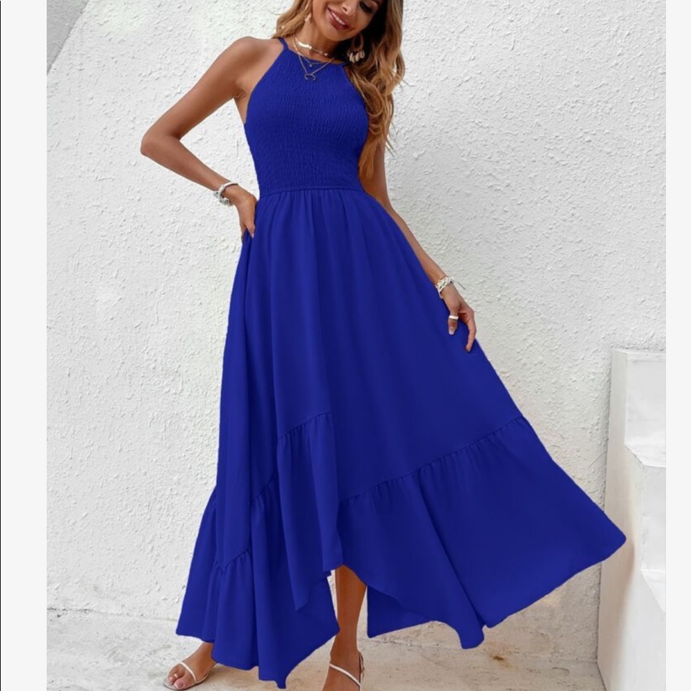 Boho Smocked Bodice Asymmetrical Hem Ruffle Cami Maxi Dress BLUE - Picture 4 of 14